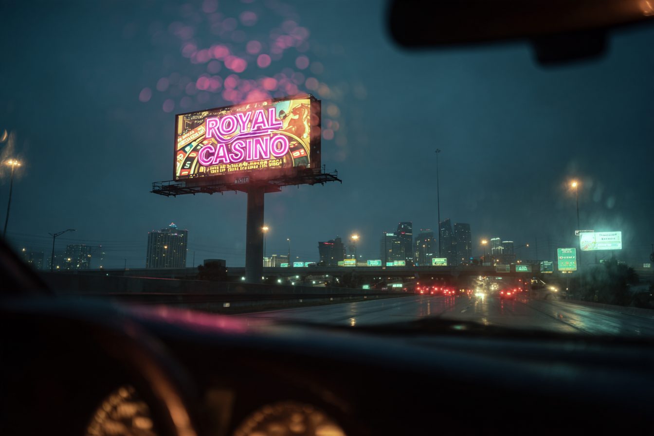 Digital billboard on Interstate 4 in Tampa, Florida seen from inside a car at night